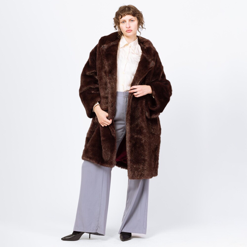 Vintage 80s Guy Laroche Mahogany Faux Fur Scarf Coat - Medium